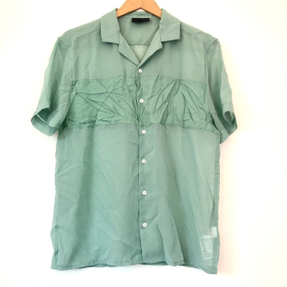 ASOS Mens Mint Green Semi Sheer Panel Short Sleeve Button Down Shirt sz 2XS XXS